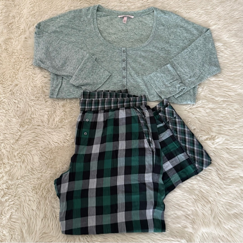 Victoria's Secret Green Henley Top with Green & Black Plaid Pajama Pants